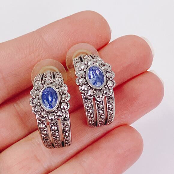 Signed Avon Art Deco Revival Marcasite Silver Tone Blue Earrings - Picture 2 of 9